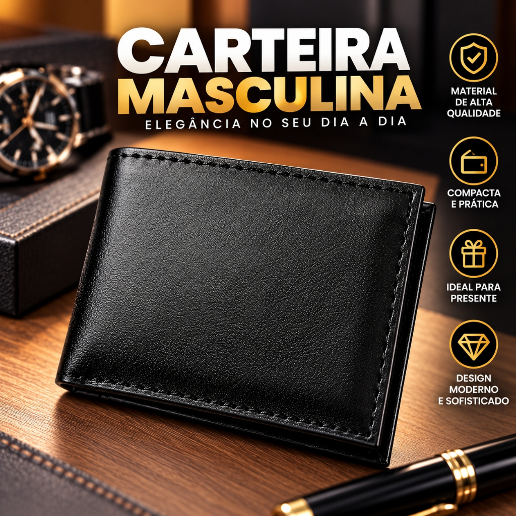 Carteira Masculina Couro Preta Confortável Pequena Slim Resistente Porta documentos Cartão Premium