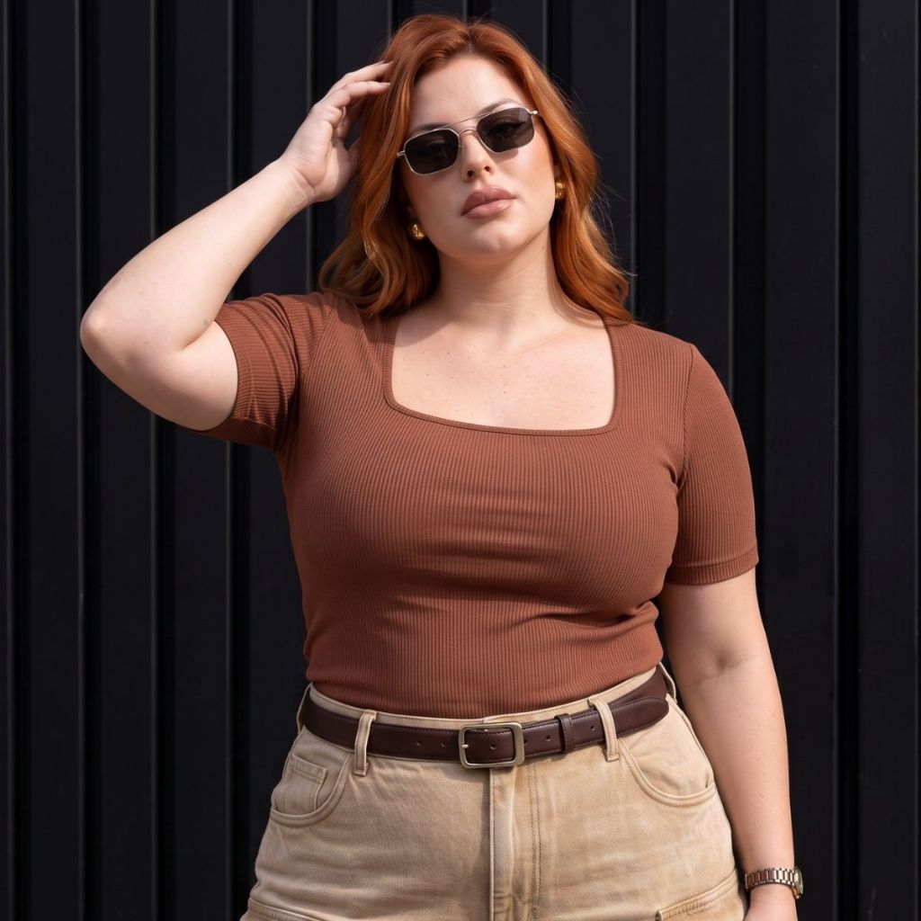 Blusa Feminina Plus Size Decote Quadrado Manga