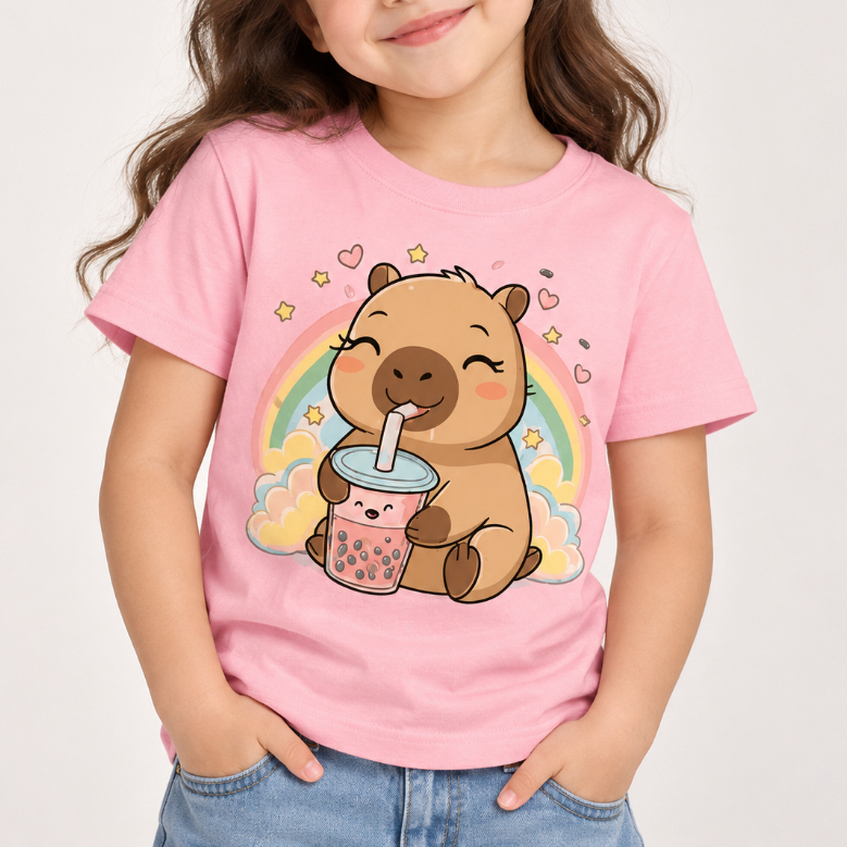 Camiseta Infantil Feminina Capivara com Arco-Íris Confortável e Linda 100% Algodão 30,1