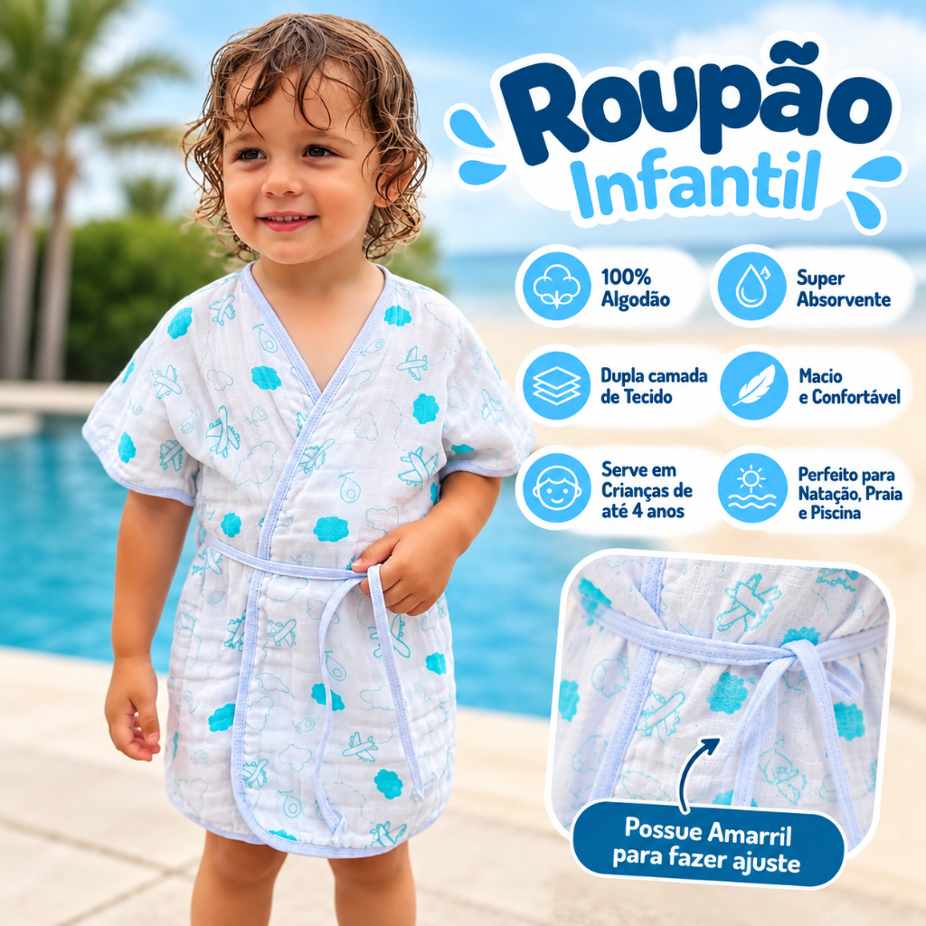 Roupão de Banho Infantil Soft Grande 100% algodão Super Absorvente Macio