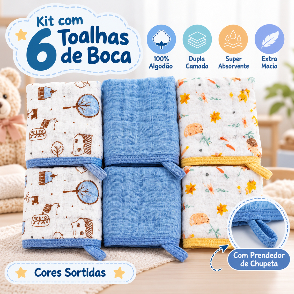 Kit 6 Toalha Pano Fralda de Boca Babete Bebe Soft 100% Algodão Macio Sortido Prendedor de Chupeta