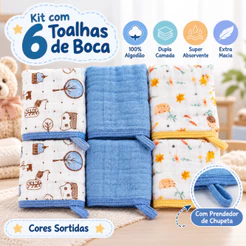 Kit 6 Toalha Pano Fralda de Boca Babete Bebe Soft 100% Algodão Macio Sortido Prendedor de Chupeta