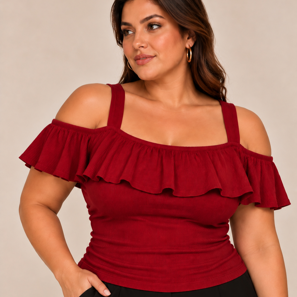 Blusa Ciganinha Plus Size Canelado Babado Ombro Vazado