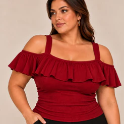 Blusa Ciganinha Plus Size Canelado Babado Ombro Vazado
