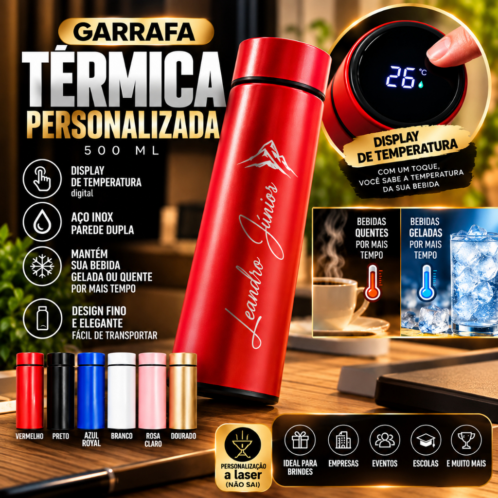 Garrafa Térmica Personalizada 500ml com Nome Logo Brinde Empresa Evento Display Temperatura Inox