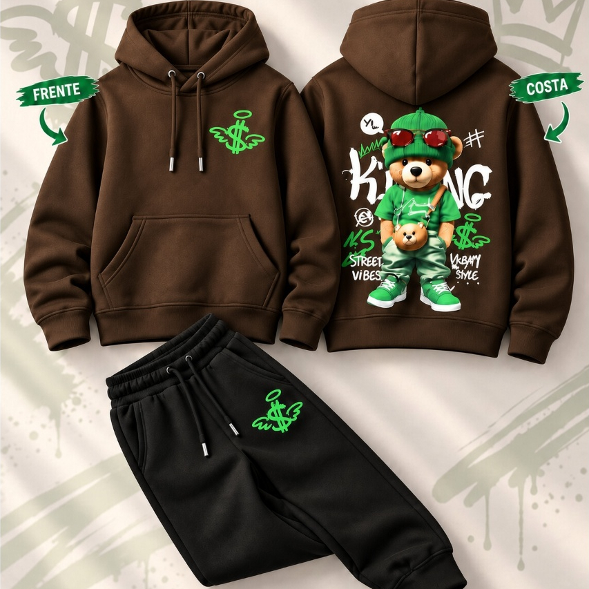 Conjunto Calça Blusa casaco Moletom Masculino Casaco Quentinho Canguru flanelado criança
