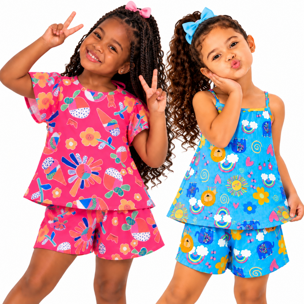 Kit 2 Conjuntos Infantil Feminino Menina Blusinha e Short Roupa de Verão Estampada Confortável 2 a 5 Anos