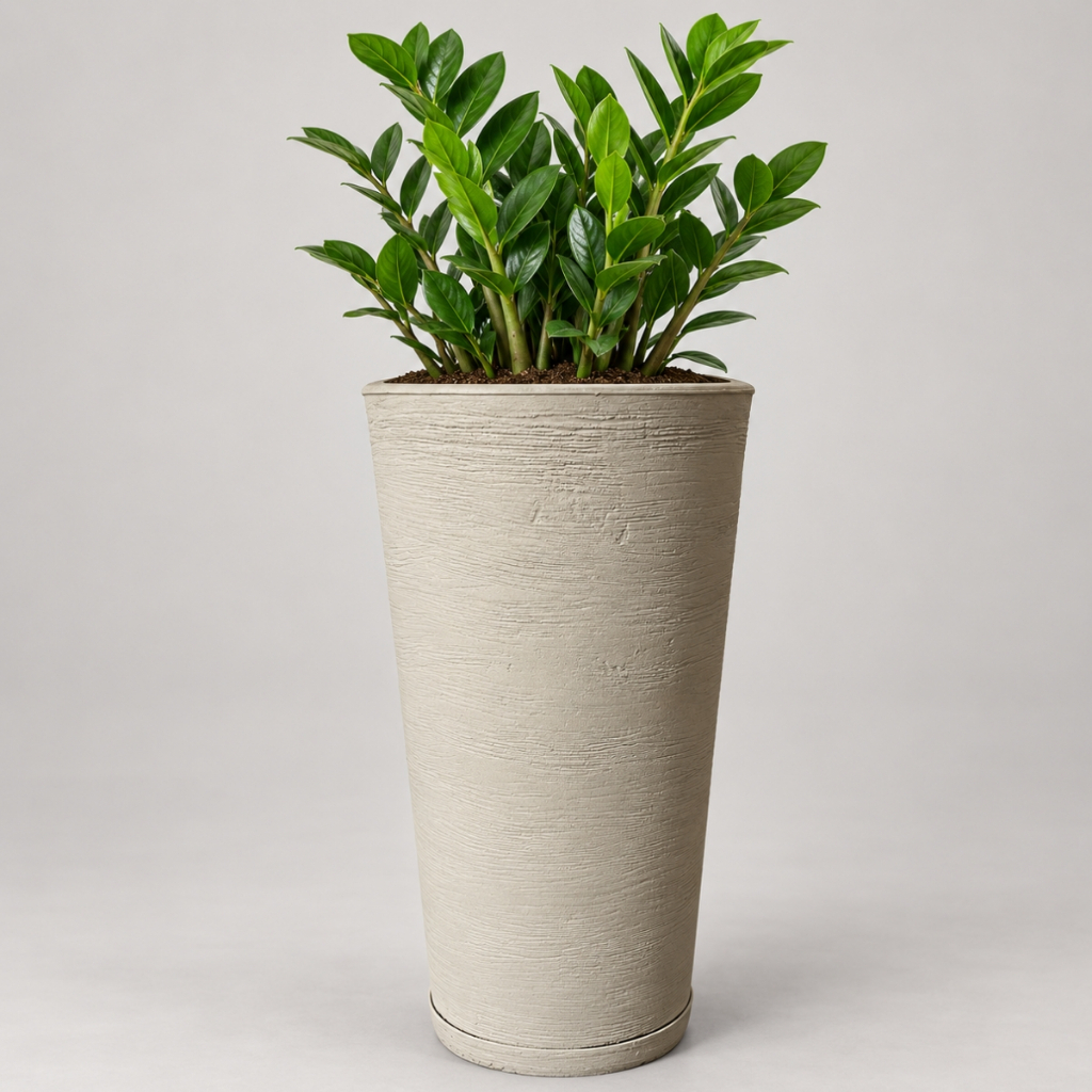 Vaso Decorativo Polietileno para Plantas Coluna Cone Redonda Com Prato Medidas 52x32x23cm