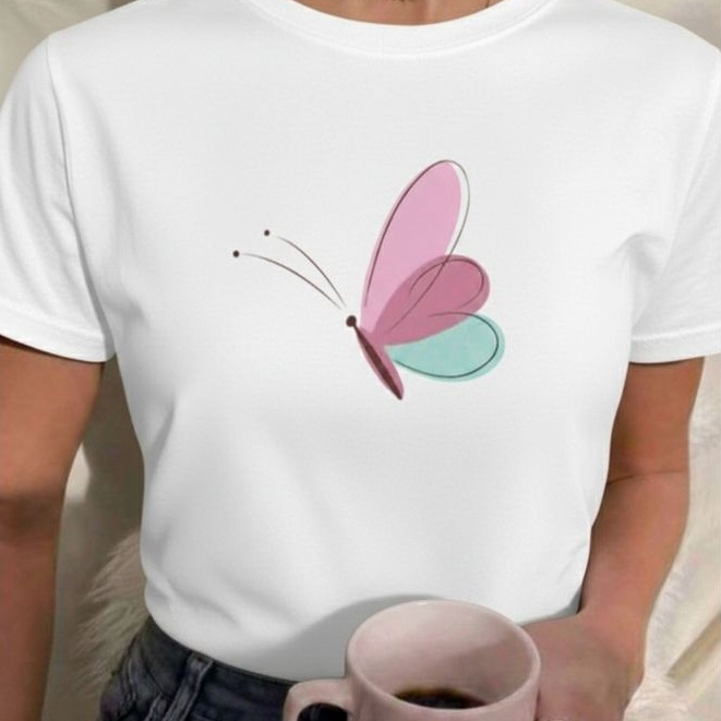 Camiseta Feminina T-Shirt Feminina Estampa Borboleta Blusinha em Tecido 100% Algodão Blusa Feminina