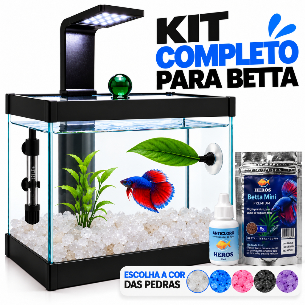 Aquário Completo Beteira - Aquário + Luminária + Decorações+ Ração e Anticloro Betta + Aquecedor Opcional