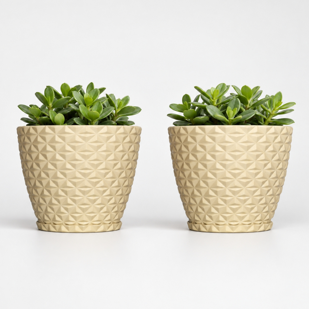 Kit 2 Vasos para Planta Decorativo em Polietileno Redondo Estilo Diamante PP Com Prato