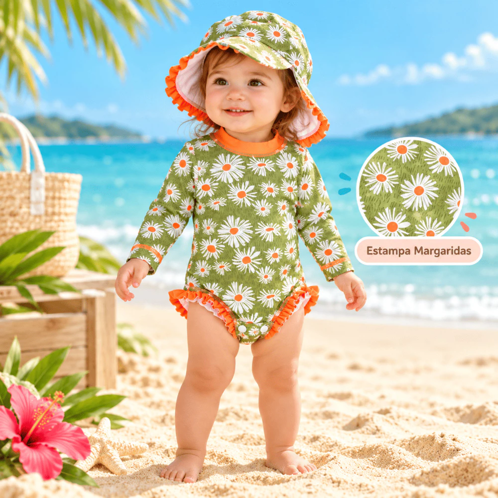 Macacão + Chapéu Infantil Bebê Proteção UV Roupa de Praia Piscina Manga Longa Verão