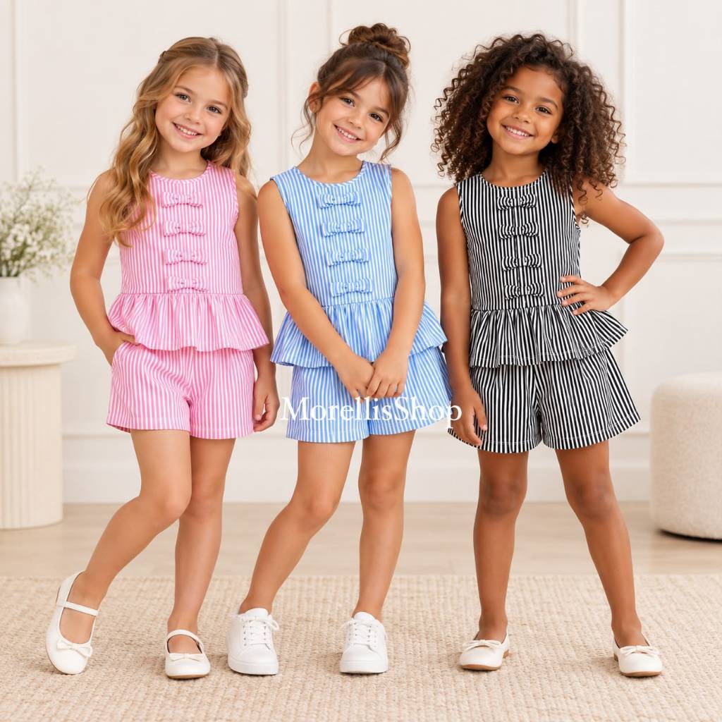 Conjunto Infantil e Juvenil Listrado Para Meninas Estilosa 2 Peças Shot e Camiseta Com laço