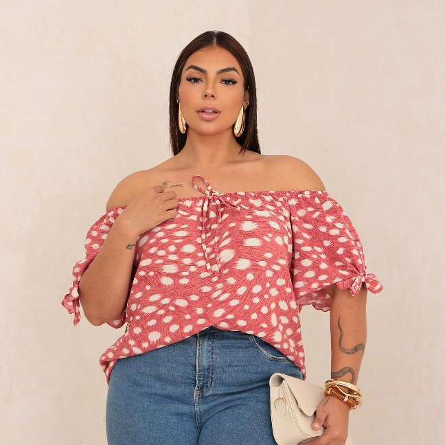 BLUSA FEMININA CIGANINHA DUNA ESTAMPADA OMBRO A OMBRO PLUS SIZE