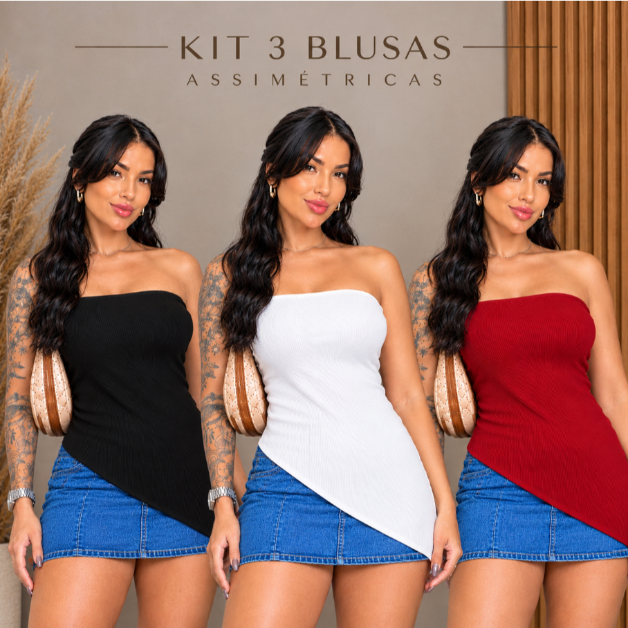 Kit 3 Blusas Tomara Que Caia Assimétrica Canelada