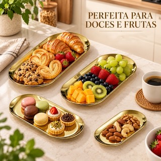 Kit 4 Prato decorativo em aço inoxidável dourado luxuoso, ideal para expor joias e servir alimentos