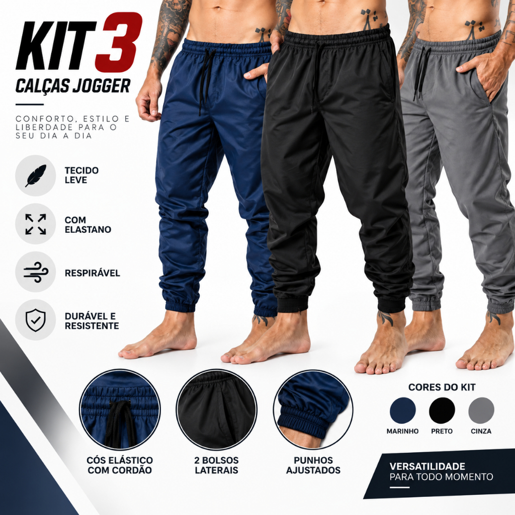 Kit3 Calças Masculinas Jogger Casual Tactel com Elastano para Dia a Dia Cores Sortidas