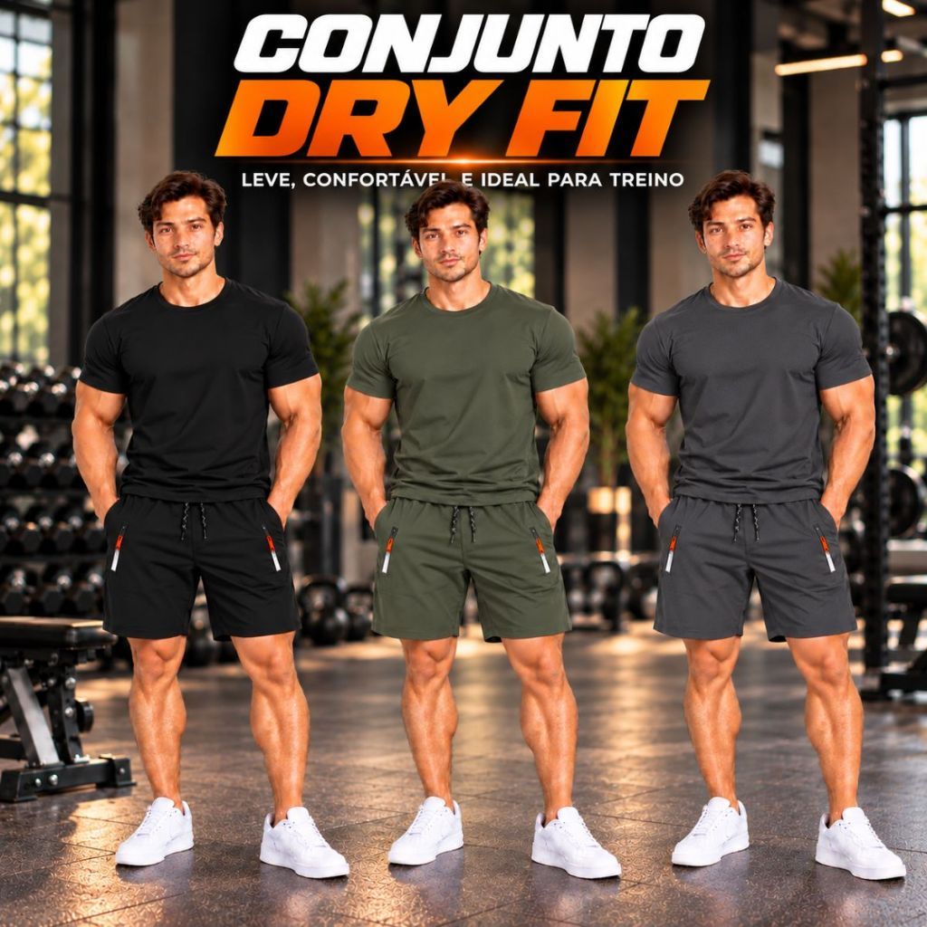 Kit Conjunto Masculino Camiseta+Short DryFit Poliamida Elastano Academia