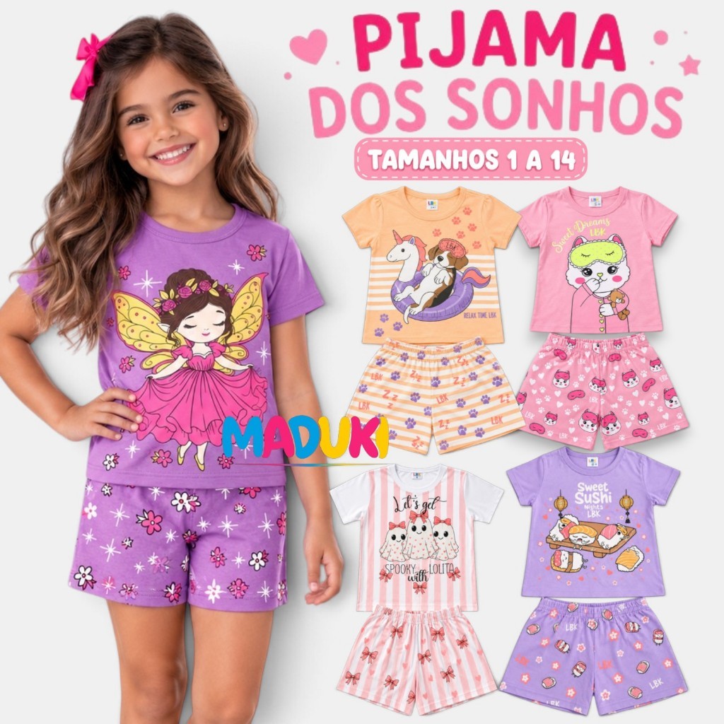 Kit 6 Peças Pijama Infantil Menina Verão Manga Curta Shorts Tam. 1 ao 14