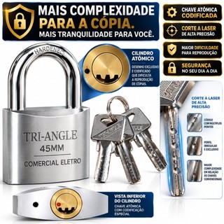 Cadeado Proteção Antifurto 3 Chaves Atomica 45mm Sistema Antimicha e fehadura Resitente a Vandalismo