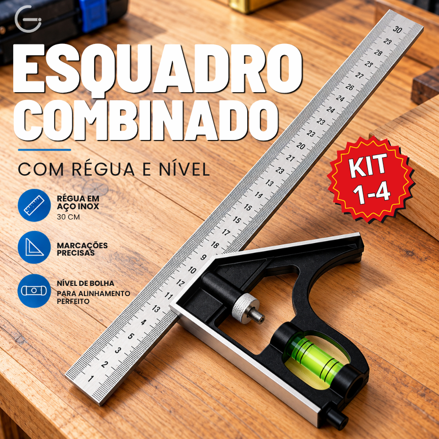 Esquadro Combinado Inox Profissional com Nível 12 Pol 30cm Prata Com Nível de bolha para medição