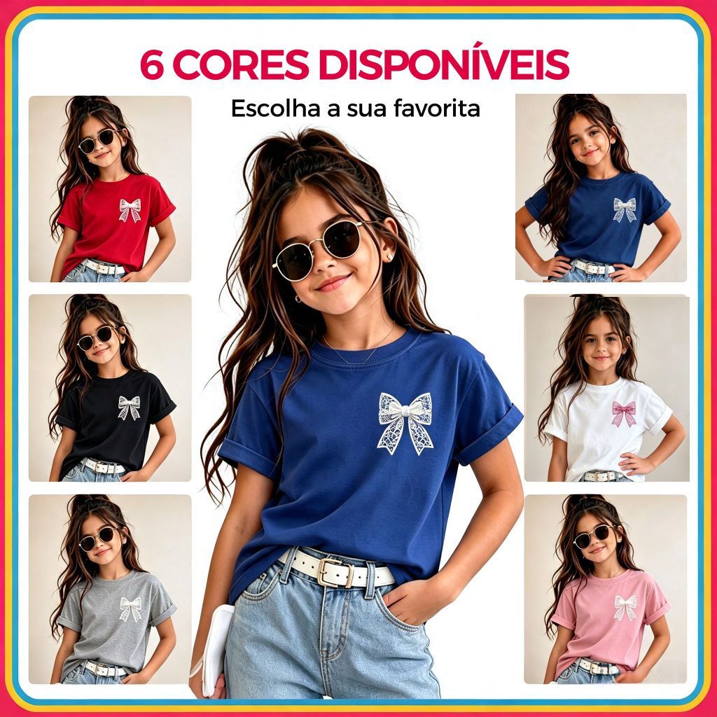 Blusa Feminina Infantil Kids Camiseta Menina Manga Curta Camiseta Estampada Laço Delicado Roupa de Criança Para Sair
