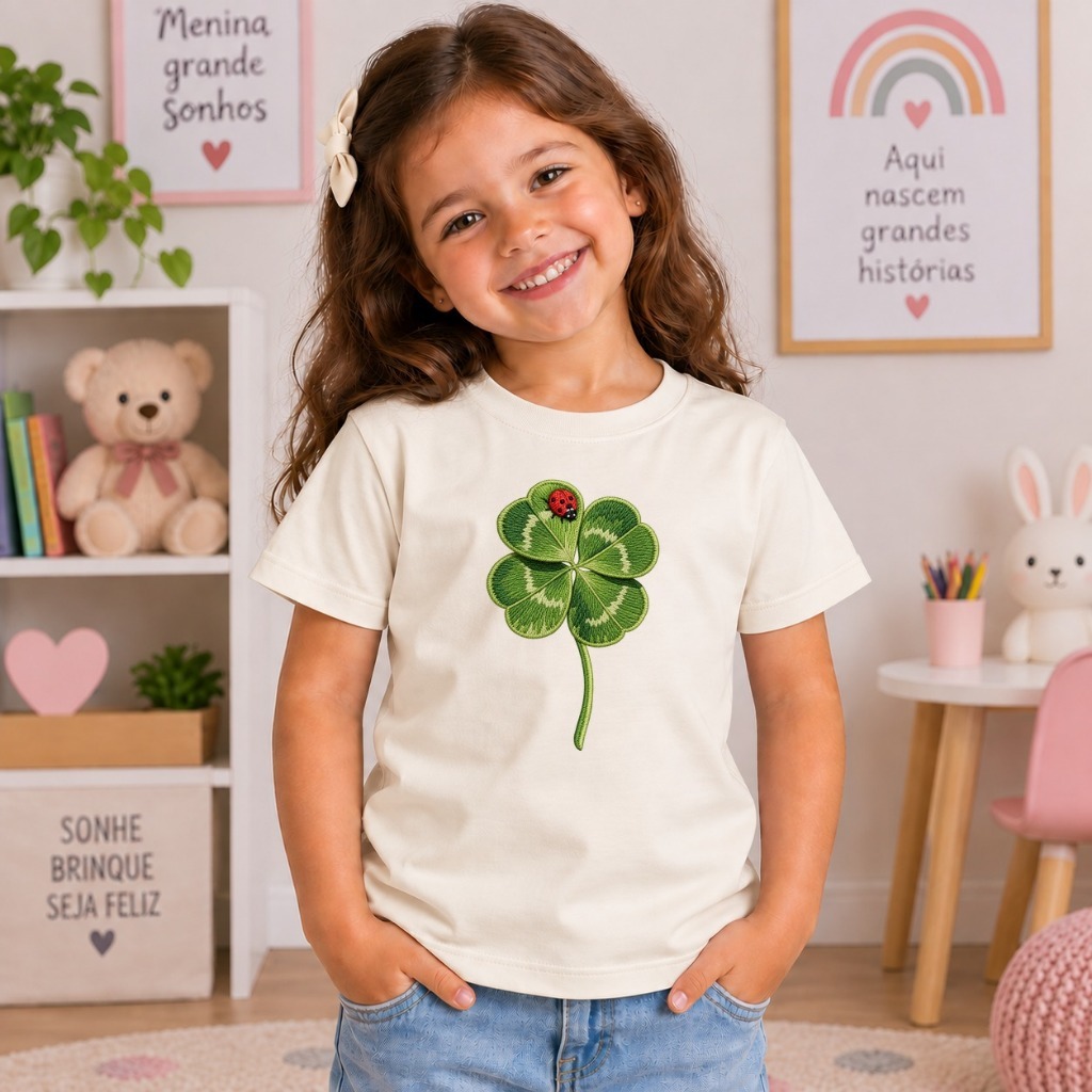 Camiseta Algodão Premium Infantil Feminina Trevo Estampa Gola Redonda Confortavel