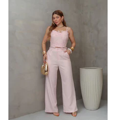 Conjunto Feminino Cropped de Alça Renda Guipir e Calça Pantalona Elegante 3RD SD4033