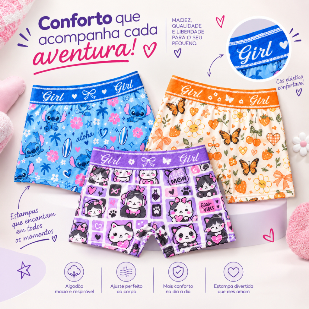 Kit 10 Calcinhas Box Infantil Menina Conforto Shortinho Boxer Forro 100% Algodão Estampas Variadas Cotton