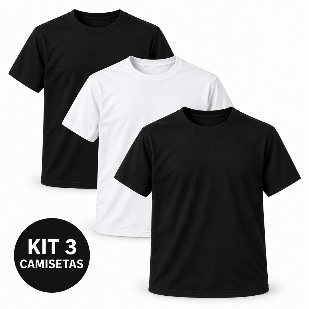 Kit 3 Camisetas Lisas Pretas ou Brancas Masculinas Básicas Lisas 100% Algodão