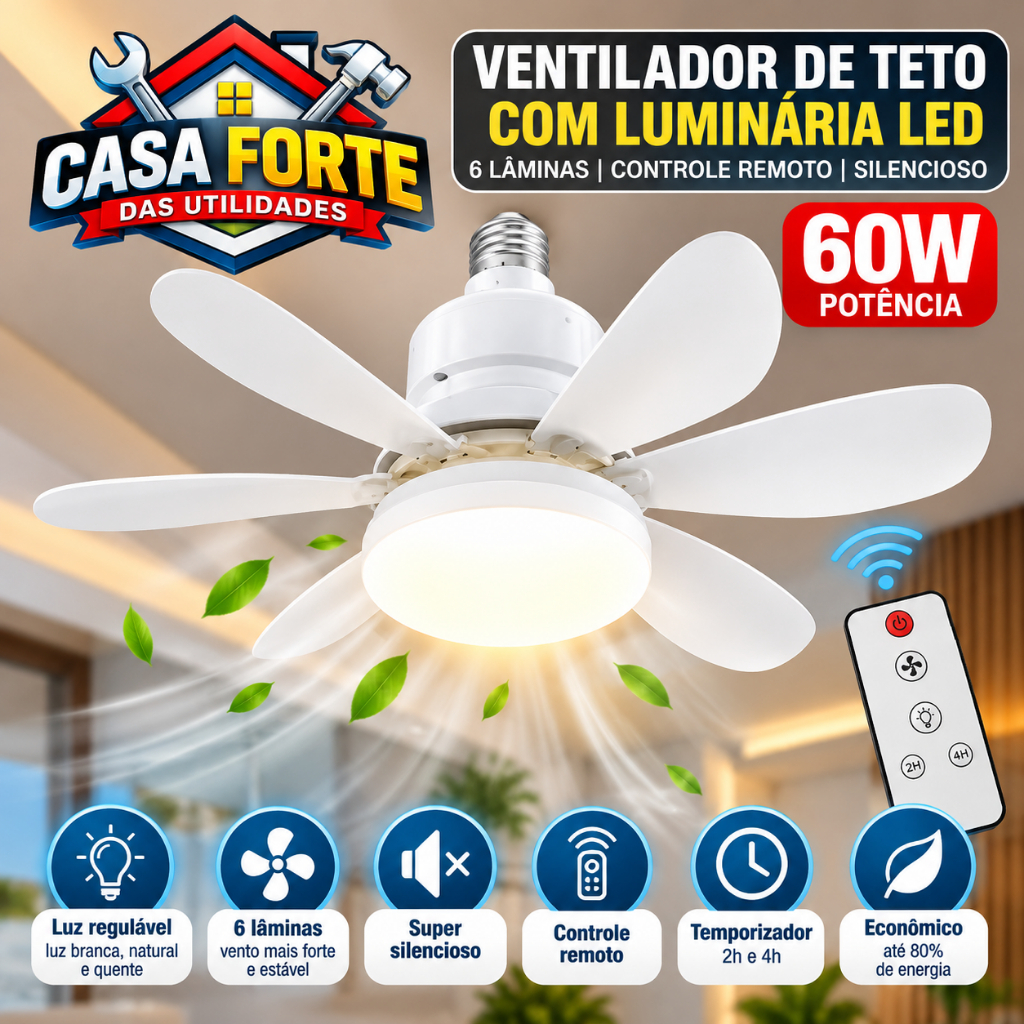 Luminária 60W Ventilador De Teto 6 Hélices Luz Ajustável Controle Remoto Silencioso E Econômico