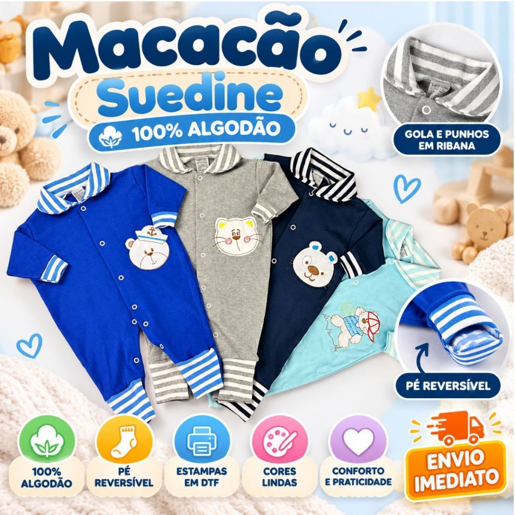 Kit C/4 - Macacão de Bebe Suedine 100% Algodão Pé Reversível Estampado