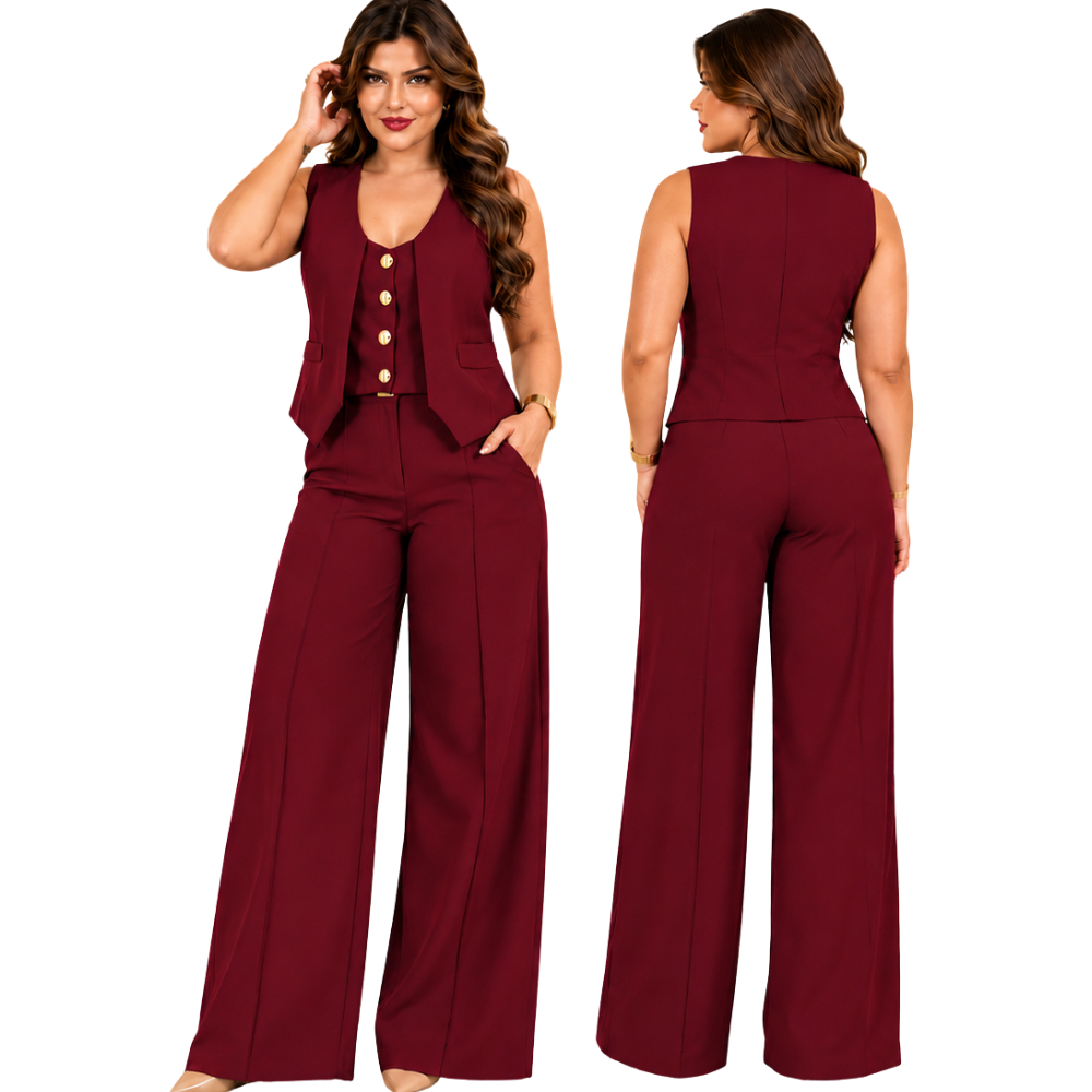 Calça e Colete Conjunto Feminino Alfaiataria Poa botão e bolsos faca colores de verão 2026 atacado y varejo em PROMOCIOM