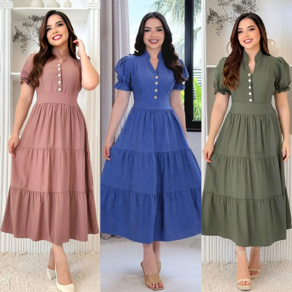 Vestido mídi , social , elegante , casual , feminino , evangélico , moda modesta, chic, manga bufante elastex nas costas