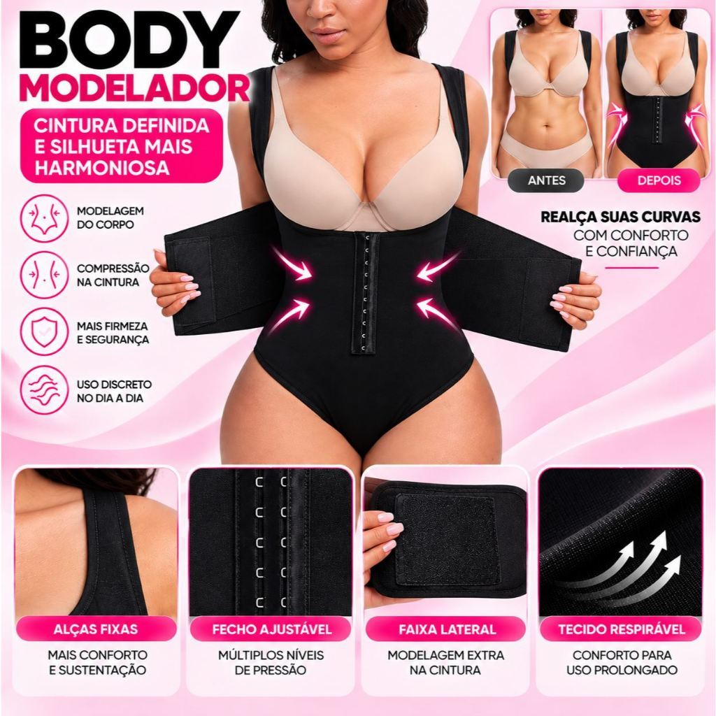 Cinta Body Modelador Abdominal Feminina Com Suporte U Frontal E Compressão Forte Em Tecido Respirável