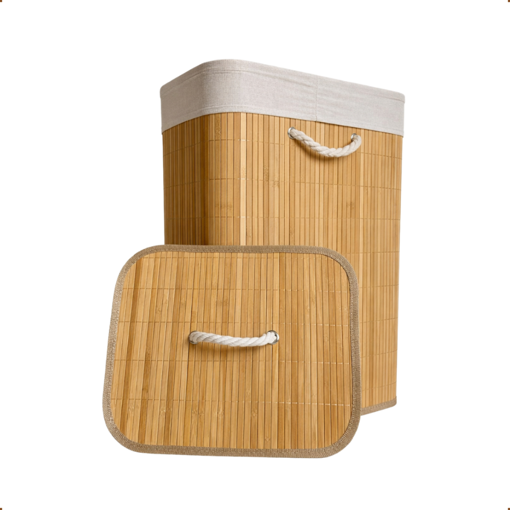 Cesto de Roupa Suja Bambu 72 Litros com Tampa e Alças Grande Forrado Dobrável Organizador com Revestimento Lavanderia
