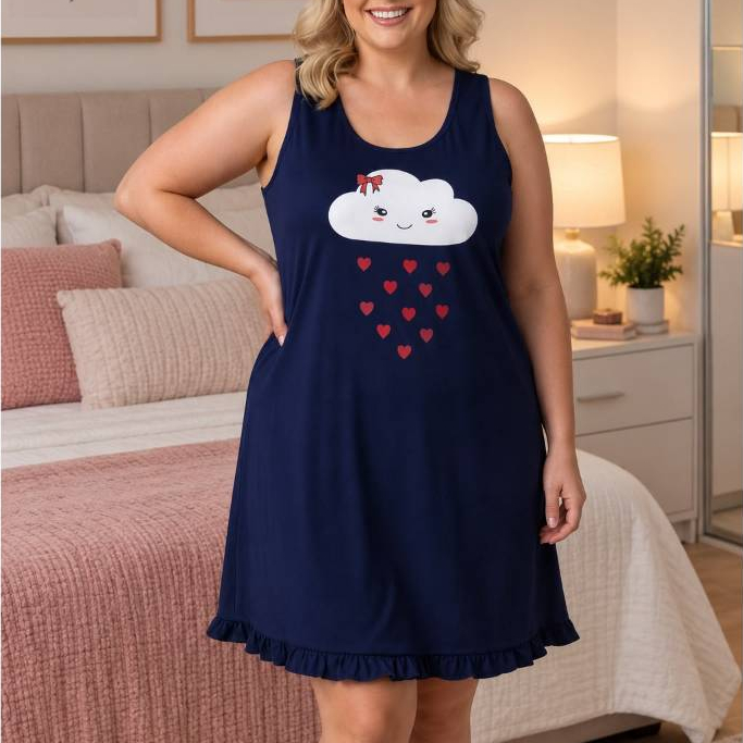 Pijama Feminino Estampa Nuvem Baby Doll Camisola em Malha Leve e Confortável