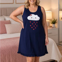 Pijama Feminino Estampa Nuvem Baby Doll Camisola em Malha Leve e Confortável