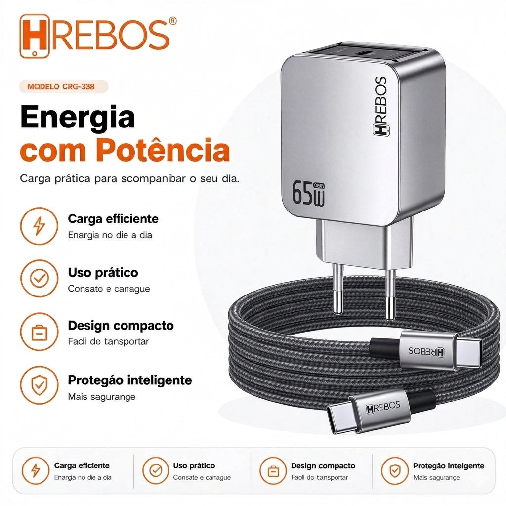 HREBOS Carregador Turbo 65W 3 Portas 2 USB-C + USB-A, Carga Rápida para Notebook, Celular e Tablet PC, Bivolt, Plugue EU