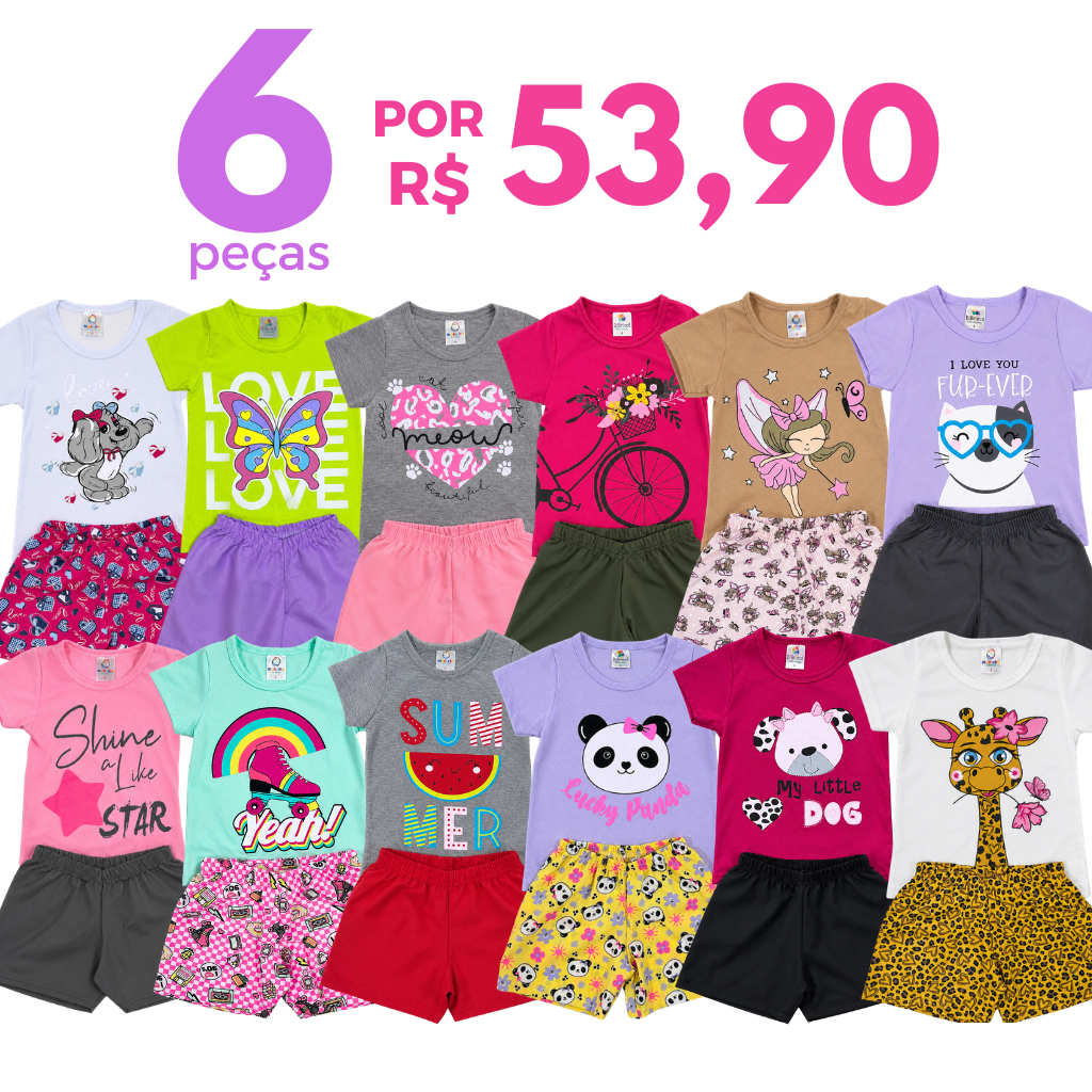 Kit 6 ou 4 Peças Verão Roupa Menina Infantil 3 Camiseta e 3 Shorts/Bermudas Conjuntos Sortidos 3 ou 2 Conjuntos