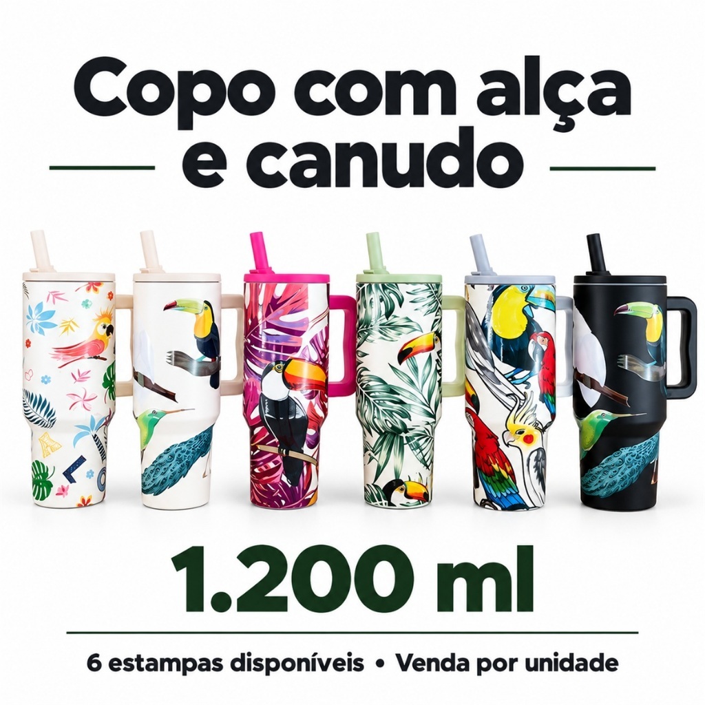 Copo Térmico 1200ml em Aço Inox com Alça Tampa e Canudo Estampado Fauna Tropical Tucano Arara Pássaros