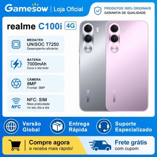Realme C100i 4G, Versão Global, processador Unisoc T7250, NFC, Bateria 7000mAh, 128/256GB + 4GB RAM