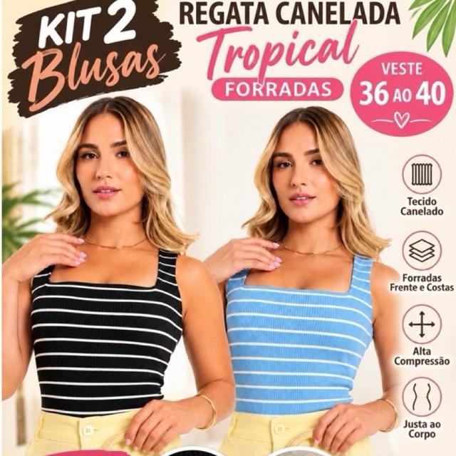 Kit 2 Blusas Regata Feminina Canelada Listrada Forrada Decote Quadrado Moda Verão Blusa Feminina Regata