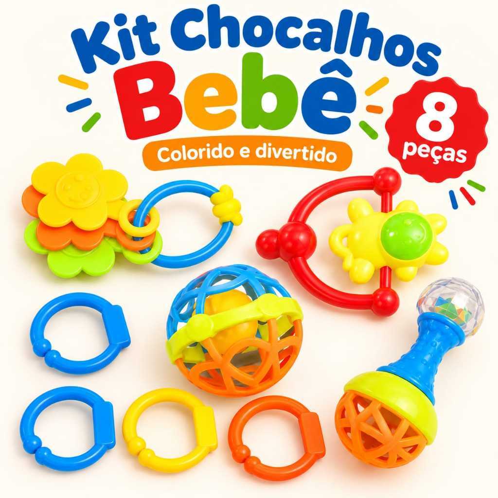 Kit 8 Chocalhos Coloridos para Bebê com Mordedor Sensorial