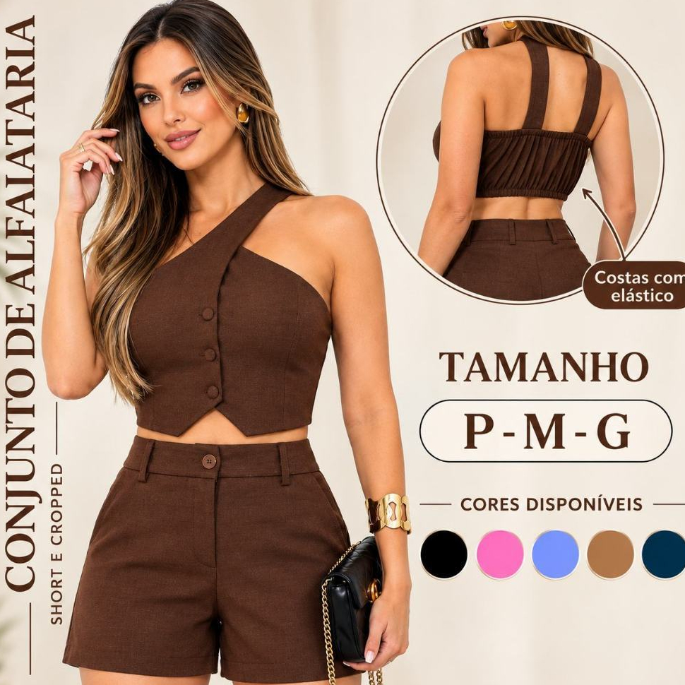 Conjunto Feminino Alfaiataria Premium Social Cropped Short Elegante Estiloso Casual Festa Verão 2026