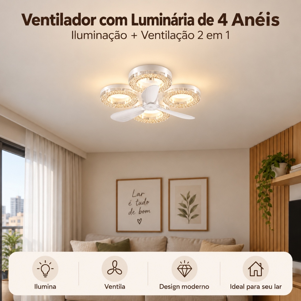 Ventilador Teto 3 Pás Led Luminária Ring Estrela crystal 2 em 1 Bivolt 60w Controle Remoto