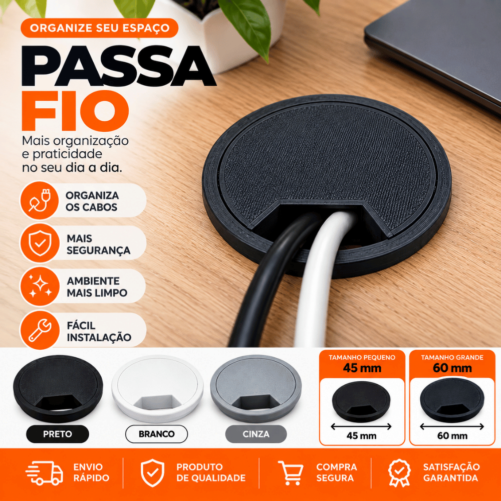 Passa Fio Cabo para Mesa Computador Móveis Escritório Acabamento Organizador 45mm ou 60mm