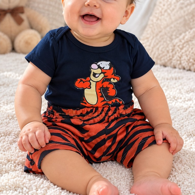 Conjunto Infantil Bebê Menino Camiseta Azul Marinho + Short Listrado Laranja Fantasia