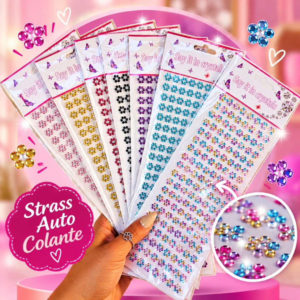 Kit 7 Cartelas Adesivos Flor Strass Neon Apliques Pet Shop Banho e Tosa Artesanato e Customização