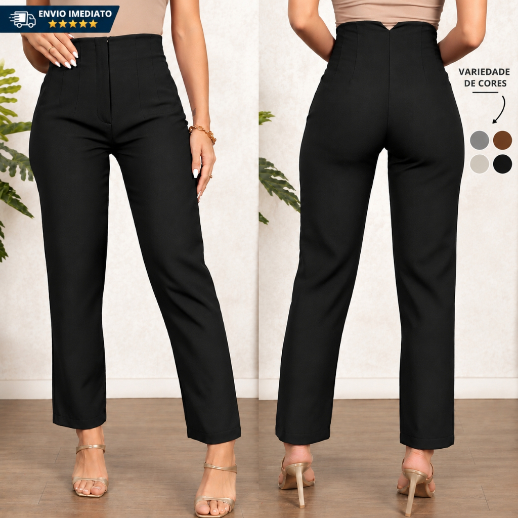 Calça Alfaiataria Feminina Cintura Alta Com Zíper Social Slim Elegante Social Empresári...
